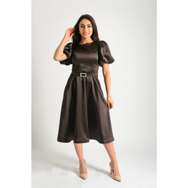 Londonella Women's Short Party Dress with Puff-Shoulders & Elegant Waist Belt- Black - 100224