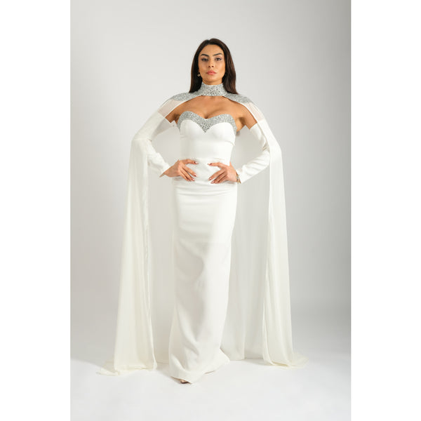 Londonella Women's Long Evening Dress With Separate Sleeves & Chiffon Cape - White - 100256