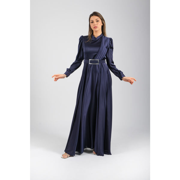 Londonella Women's Long Evening Dress with Long Sleeves & Waist Belt - Navy Blue - 100281