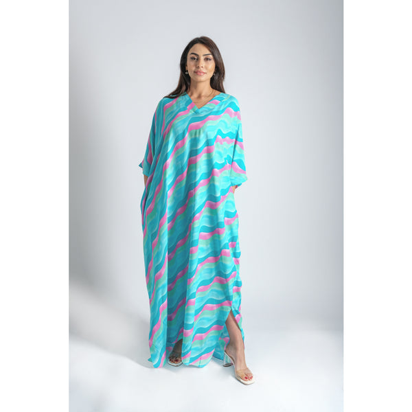 Londonella Abaya with summery print design - Blue - Free Size - 100133