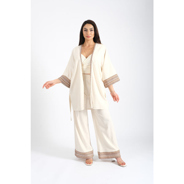 Londonella Set with Long Shirt Design with belt and trousers - Beige - 100146