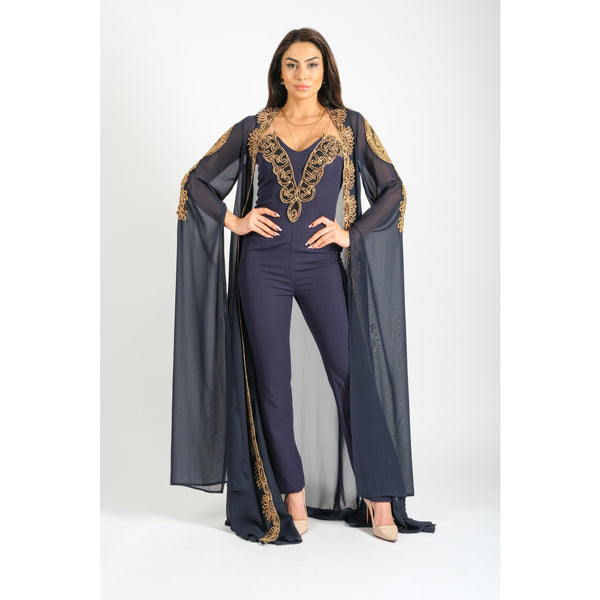 Londonella Women's Party Tracking Suit With Long Sleeve Chiffon Bolero - Navy Blue - 100259
