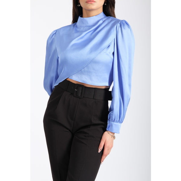 Londonella Women's Short Blouse With Long Sleeves & Closed-neckline Design - Blue - 100216