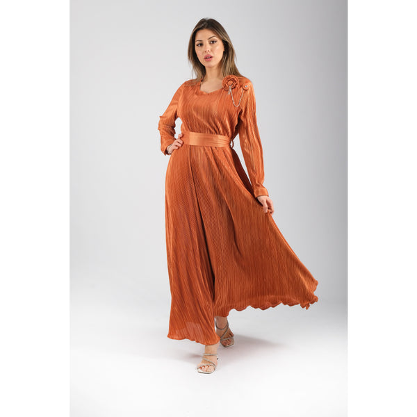 Londonella Women's Long Evening Dress with Long Sleeves & Waist Belt - Orange - 100283