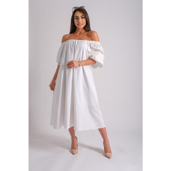 Londonella Women's half Lantern Sleeves Off-shoulder style Long Dress - White - 100199