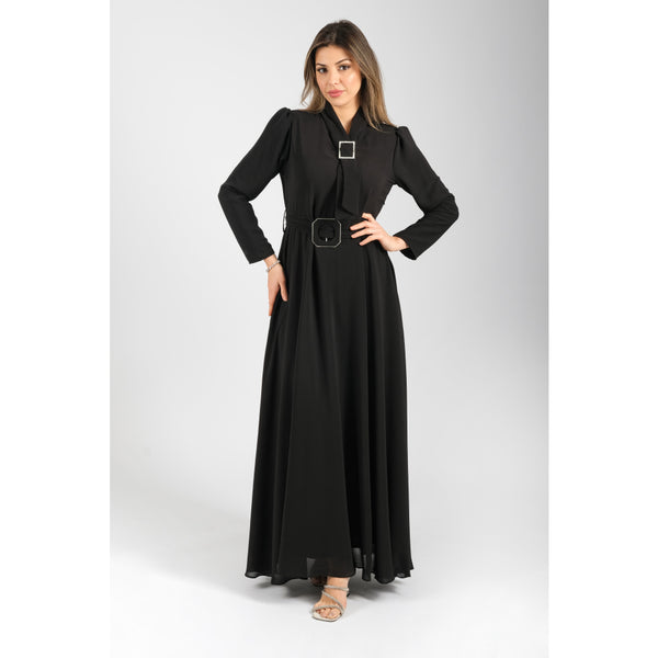 Londonella Women's Long Evening Dress with Long Sleeves & Waist Belt - Black - 100280